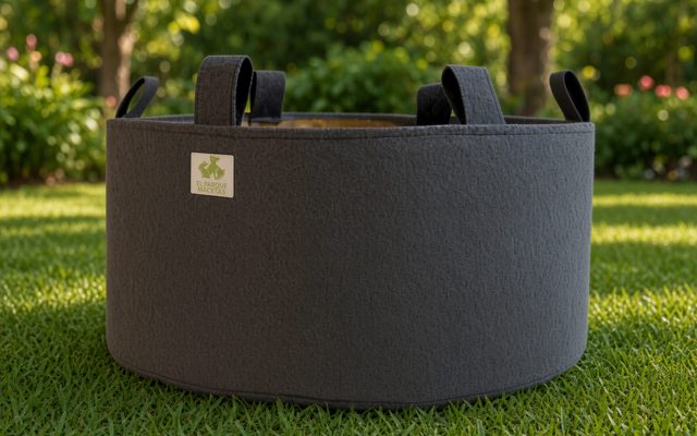 Cama de Living Soil redonda, de tela geotextil de 300 gr, apoyada sobre el césped