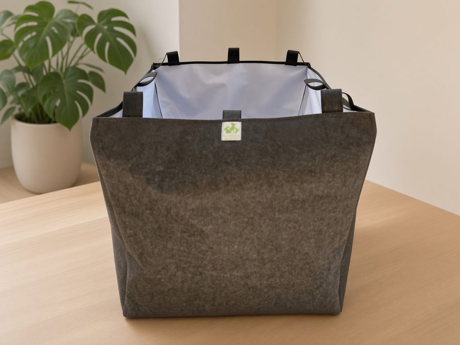 Cama de Living Soil cuadrada, de tela geotextil, con asas y forro impermeable blanco