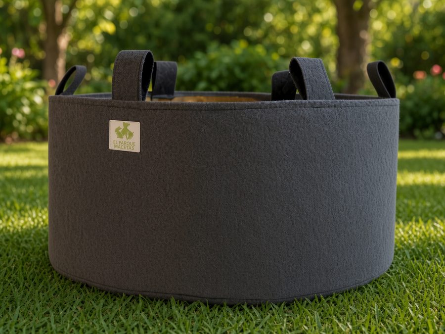 Cama de Living Soil redonda, de tela geotextil de 300 gr, apoyada sobre el césped